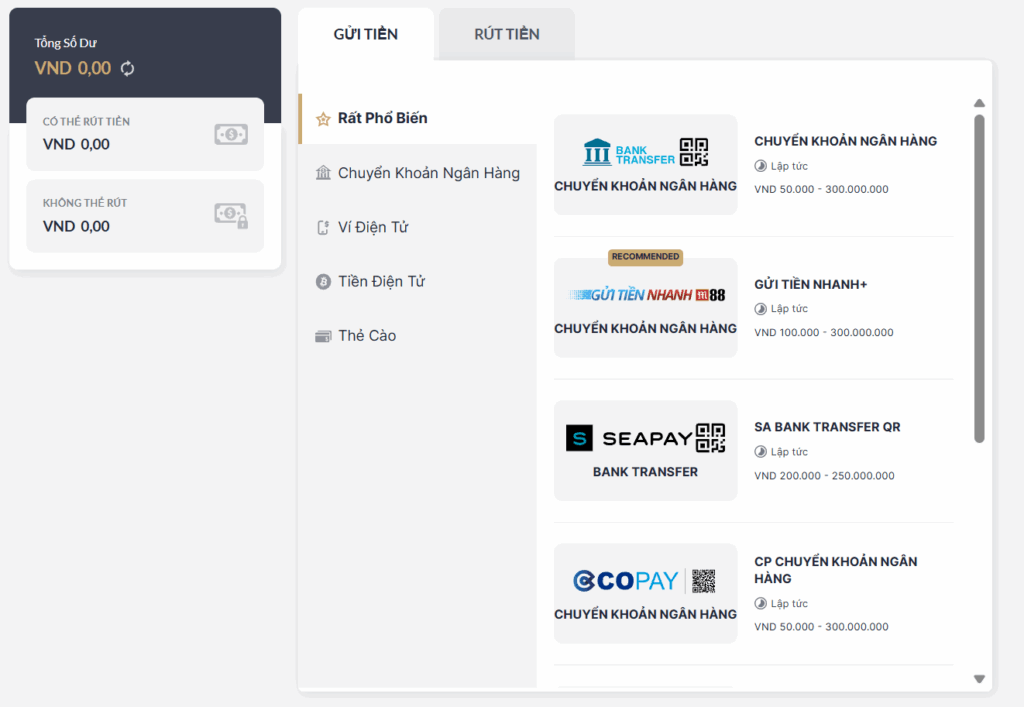 phương thức nạp tiền M88