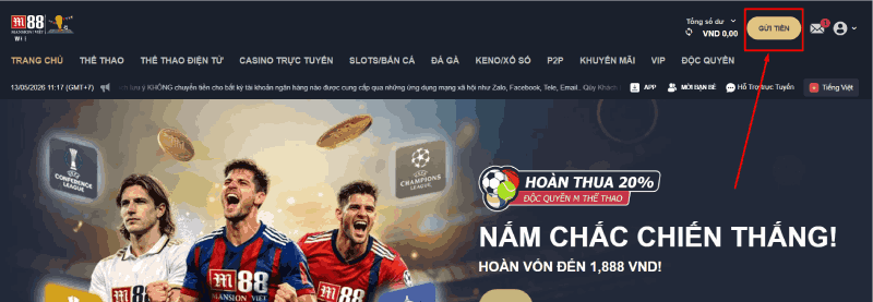 truy cập mục nạp tiền M88