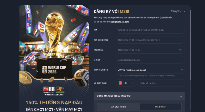điền form đăng ký M88